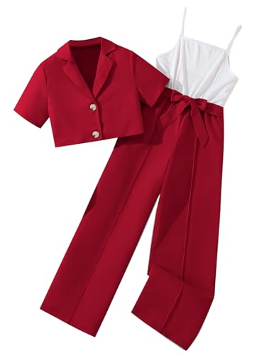 Hilinker Girls 2 Piece Outfits Short Sleeve Blazer and Belted Sleeveless Jumpsuit Sets Red White 13-14 Year