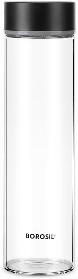 Borosil 550ml Neo Water Bottle | Borosilicate Glass Wide Mouth Bottle for Fridge | Extreme Temperature Resistant For Hot & Cold Water, Milk, Lassi, Juice (Black Steel Lid)