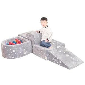 Tiita Baby Climb and Crawl Playset 5-Piece, Kids Foam Climbing Block with Small Ball Pit – Indoor Soft Play Climber for Playtime Fun, Grey Star