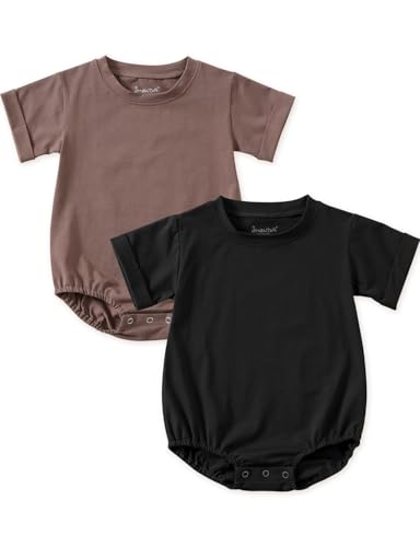Image of Jimonda Baby Bubble Rompers Boy Girl Solid Color T-Shirt Outfits Short Sleeve Button Bodysuit Cotton Tops Clothes 2Pcs