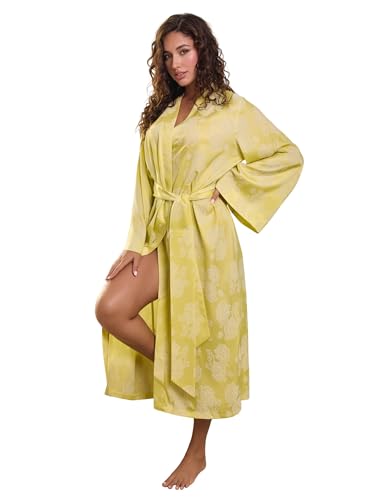 silkola Women Satin Floral Jacquard Long Robe With Belt - Kimono Loungewear Bell Sleeves Robe, Ankle Length Bridal Dressing Gown (US, Alpha, Medium, Regular, Regular, Yellow)