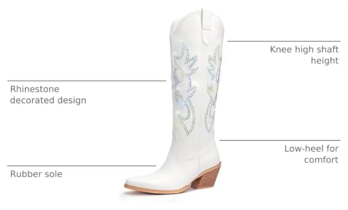 Image of Pasuot Western Cowboy Boots for Women - Knee High Wide Calf Cowgirl Boots, Slip On Pointed Toe Chunky Heel Fashion Retro Classic Pull On Tall Boot for ladies Party concert