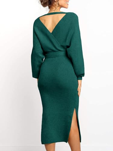 Image of Chang Yun Women's Long Maxi Sweater Dresses Sexy Wrap Batwing V Neck Slit Open Back Holiday Bodycon Dress with Belt