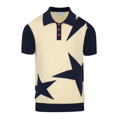 OXKNIT Knit Polo Shirts for Men, Dark Blue Star Vintage Polo Shirt Casual Short Sleeve Begie Golf T Shirts