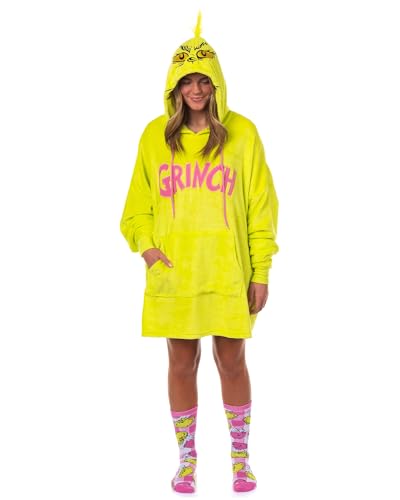 MJC The Grinch Womens Pajamas Pullover Hooded Plush Fleece Dorm Sleep Shirt with Socks (Large) Multicolored