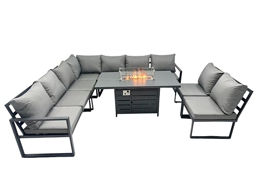 Image of FMSGarden Aluminium 9 Seater Lounge Corner Sofa Outdoor Garden Furniture Sets Gas Fire Pit Dining Table Set Dark Grey