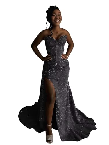 Mmufk Glitter Sequins Prom Dresses for Teens Mermaid Strapless Corset Beaded Sexy Long Formal Gowns with Slit Black Size 2