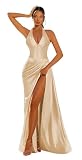 Satin Prom Dresses for Women 2026 Mermaid Long Champagne Halter Neck Formal Evening Gown 4
