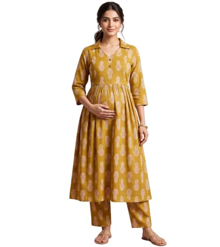 Image of DUMMY SHAPE Maternity Dresses for Women Cotton | Floral Kurta Pant Dupatta Set with Nursing Zippers, Side Pocket | Pre & Post Pregnancy | Feeding Kurti Suit | Baby Shower | Gifts for Pregnant Woman