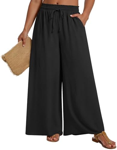 LONGYUAN Womens Plus Size Wide Leg Pants Summer High Waist Casual Long Palazzo Pants Trousers with Pocket Black 3X-Large