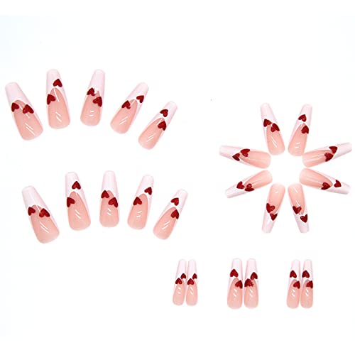 Yosomk French Tip Press On Nails Long With Heart Designs False Fake Nails Press On Coffin Artificial Nails For Women Stick On Nails With Glue On Static Nails #TOP4