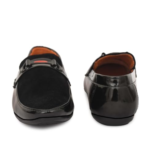 Image of Men's Premium Black Velvet Loafers | Slip-On Formal Dress Shoes with Glossy Patent Leather Finish & Metal Buckle | Comfortable Lightweight Wedding, Party & Office Wear Footwear