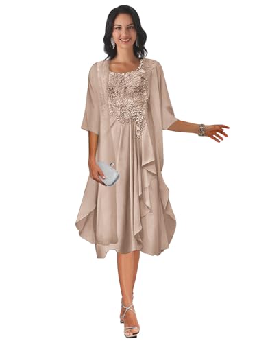 2 Piece Mother of The Bride Dresses for Wedding Tea Length Lace Chiffon Ruffle Formal Dress with Jacket3