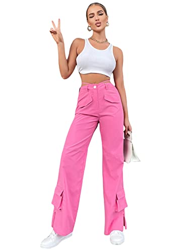 WDIRARA Women's High Waisted Tie Back Split Hem Cargo Pants with Flap Pockets