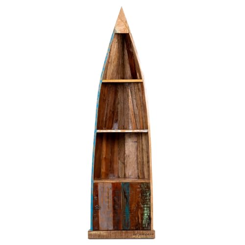 Image of Solid Wooden Book Shelf, Antique Boat Design Handcrafted Wooden Bookcase with Storage, Vintage Storage Shelf for Living Room, Office, Bedroom (Rustic-1)