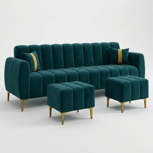 Image of Harmonica 3 Seater Modular L Shape Sofa Set with 2 Ottoman| Soft Velvet Upholstery, Sturdy Wooden Frame | Modern Sofa for Living Room, Hall & Office Spaces (Greenish Teal)