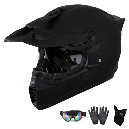 Youth Kids Motocross Helmet Full Face ATV/Dirt Bike Motorcycle with Fashionable Tail Wing Design, Goggles + Gloves + Mask, MTB BMX Off-Road Crash for Boys Girls(Sub-black,XL(58~59cm))