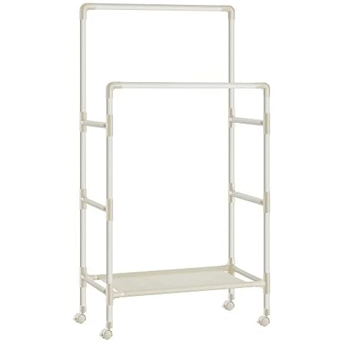 SONGMICS Kleiderständer, Garderobenständer, aus Metall, mit 2 Kleiderstangen, 1 Ablage, 4 Rollen, bis 55 kg belastbar, einfache Montage, weiß RDR101W02 Cover