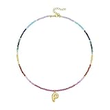 MICFENY Collar con colgante de letra burbujeada chapado en oro de 14 quilates con cuentas de piedras preciosas arcoíris para mujer, joyería de playa