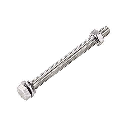 Image of uxcell M10 x 120mm Hex Head Screws Bolts, Nuts, Flat & Lock Washers Kits, 304 Stainless Steel Fully Thread Hexagon Bolts 6 Sets