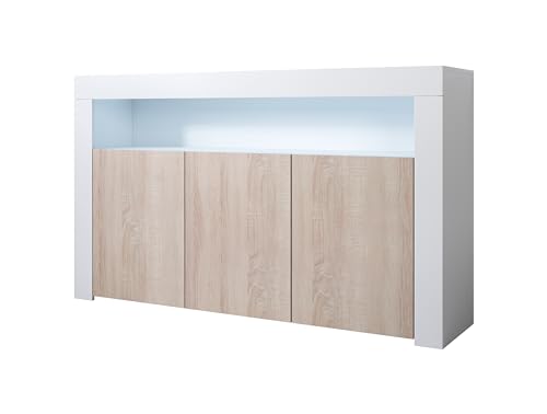 MB Muebles Bonitos | Buffet Bahut 3 Portes avec LED 155 x 91,5 37cm Couleur Blanc Brillant et Sonoma Modèle Aker