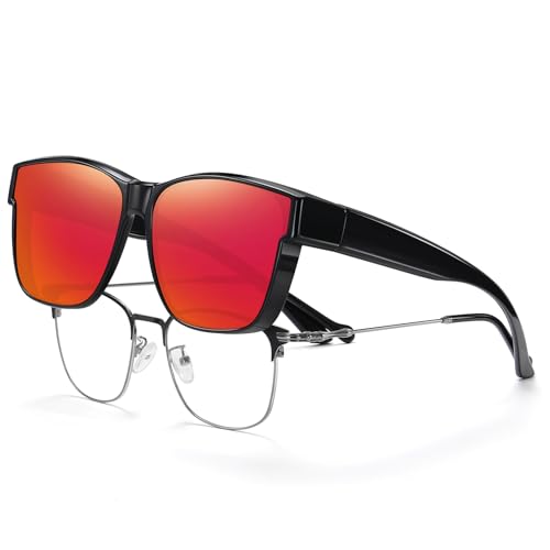 HAOLOTA Fit Over Sunglasses-Polarized for Men, Oversized Sun Glasses Square Shades UV400 Protection for Driving M Size Black Frame Red Lens Multicolor
