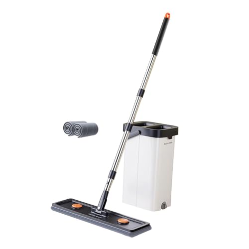 Set de trapeador y Cubo con escurridor, trapeador Plano para Limpieza de Superficies duras, 2 Almohadillas de 40 Cm, Individual