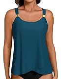 Hanna Nikole Damen Tankini Badeanzug Oberteil,Tankini Top mit Integriertem BH,Bauchweg Ruffle High Waisted Oberteil,Push Up Bademode U-Ausschnitt Badeanzüge,No Bottom Pfauenblau L