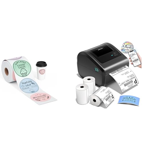 Image of Bluetooth Shipping Label Printer with 3 Roll Labels & 400PCS 4 Color Circle Thermal Labels, Thermal Label Printer 4x6 for Small Business, Shipping Packages, Office, Home, Compatible with Tiktok USPS