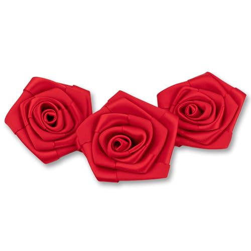 Roselline in raso, 3 pezzi,rose: 5 cm, diametro: 6 cm, colore: rosso, corolle di rosa per decorazioni fai da te, si possono spargere sulla tavola in occasione di matrimoni, Battesimi, Comunioni ma utilizzare anche come applicazioni floreali.