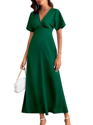 VAFADRESS Women's 2025 Satin Dress Elegant Deep V Neck Flutter Sleeve A-Line Gown Cocktail Party Maxi Dresses Green S