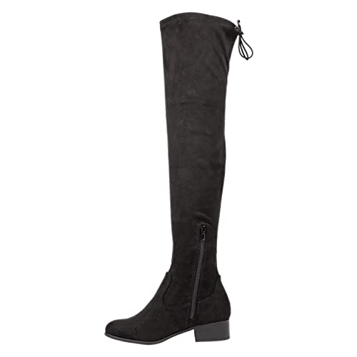 Womens Over The Knee Thigh High Boots Faux Suede Side Zipper Low Block Heel Tie Back Tall Boots - LUPITA