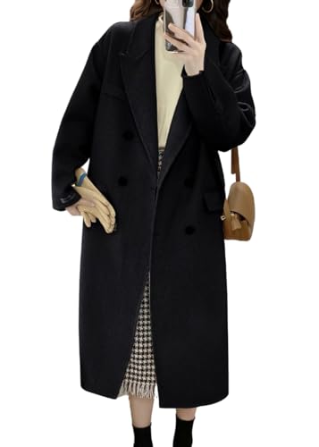 chouyatou Women's Winter Business Casual Wool Coat Double Breasted Mid Long Trench Coat Overcoat