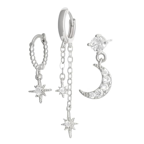 Boucles d'oreilles pendantes étoile lune femme plaquées or et cristaux de zirconium