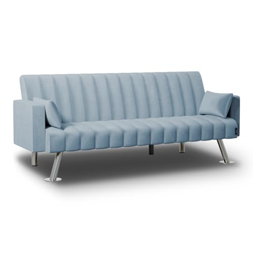Nalui - Sofá Cama 3 Plazas Acolchado 210x80x79cm One Lines, 2 Cojines y Apertura Clic-Clac con Reclinación Ajustable. Sofá Cama Chaise Longue Aterciopelado Convertible en Cama Doble | Azul
