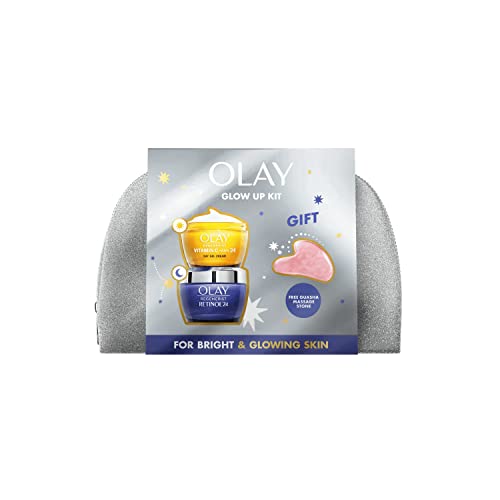 Olay Geschenkset mit Vitamin C+AHA24 Creme & Retinol24 Nachtcreme für helle & glatte Haut, inklusive Beutel & Gua Sha Gesichtsstein