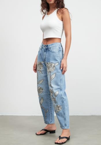 LifeShe Embroidered Pants for Women Floral Mid Rise Denim Baggy Barrel Jeans Boyfriend Trousers3