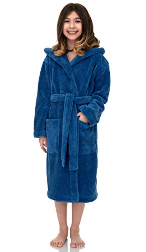 TowelSelections Big Girlsâ€™ Robe, Kids Soft Plush Hooded Fleece Bathrobe Size 8 Delft