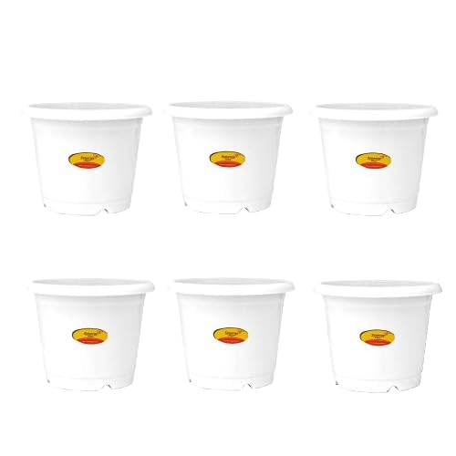 Image of Synergy Plast Plastic Round Shape Flower Pots 6 Pcs, 16 Inch Heavy Duty Plant Containers /Planter /Gamla /Plant Pot for Gardening, Balcony, Terrace, Home Decor Indoor & Outdoor Planting (White)