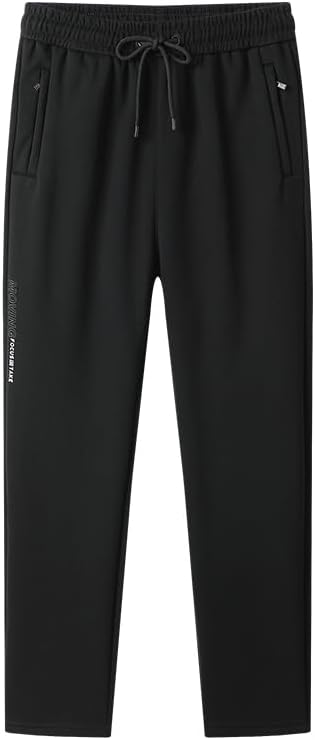 Men's Winter Jogging Pants, Black Fleece Lined Sports Pants with Zippered Pockets, Warm Casual Drawstring Pants