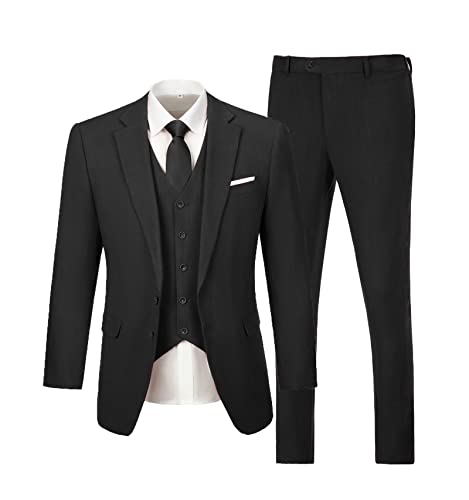 Mens Linen Suits 3 Piece Black Slim Fit Suit, Solid Two Button Blazer Vest Pants Wedding Dress Prom Tuxedo Suits Set S #TOP6