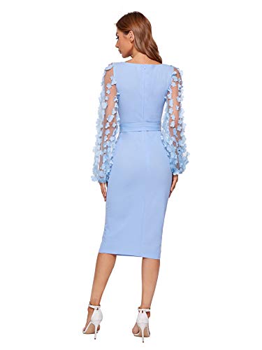 DIDK-Damen-Netz-Figurbetontes-Kleid-Schlauch-Kleider-mit-Knoten-Guertel-Stickerei-Blumen-Applikation-Bishop-Aermel-Knielang-Uebergoss-Bleistift-Einfarbig-Party-Kleider