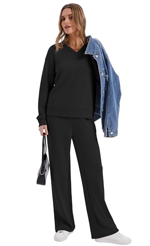 WIHOLL Lounge Sets for Women 2025 V Neck 2 Piece Outfits Airport Wide Leg Pants Matching Set Sweatsuits2