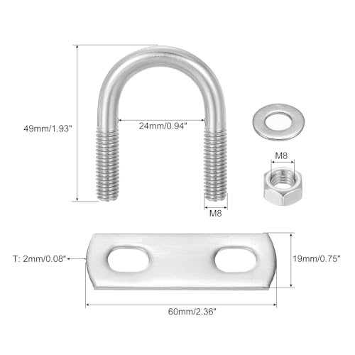 Image of uxcell Round U-Bolts, 4 Sets 24mm(0.94 inch) Inner Width 49mm Length M8 304 Stainless Steel U Clamp Bolt with Nuts and Plates, for Boat Trailer