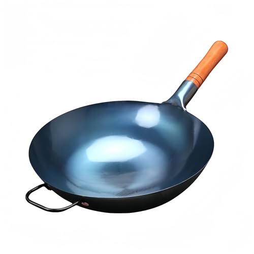 炒め鍋 中華鍋 フライパン フライパン 手作り鉄鍋 野菜炒め チャーハン 中華料理 味道 鉄製 鍋 ガス火専用 家庭用、ガスレンジ専用、青焼き(焼き入れ)処理済み、コーティングなし (耳付き,34cm)