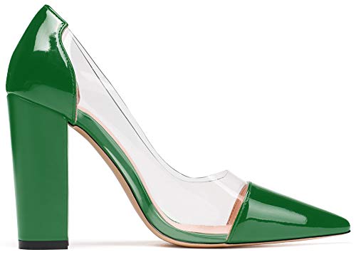 SAMMITOP Women's Chunky Heel Pumps Pointed Toe High Heel Transparent Dress Shoes4