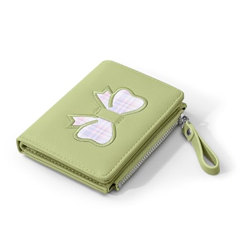 Wallet Women, Coquette Bow Cute Wallets, Small Compact Aesthetic Bifold Zipper Pocket Card Case Purse Holder with ID Window for Ladies (Green)
