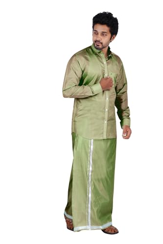 Image of PRAKASAM COTTON-Mens Art Silk Wedding Set /Art Silk 8 Mulam (8-Yard) Dhoti and Stitched Shirt for mens