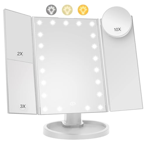Lighted Makeup Mirror with 22 LED Lights, Dual Power Supply 1x/2x/3x/10x Magnifying Touch Screen Dimmable Mirror, 180 Degree Adjustable Angle, Travel Cosmetic Mirror - White