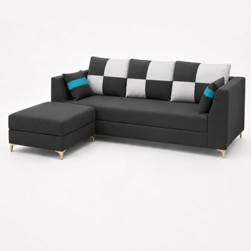 Image of FURNY Signature Cresta 4-Seater L-Shape Sofa Set with Movable Ottoman | Flexible LHS /RHS Layout | Boston Fabric | 40D Foam + Zigzag Spring | 3-Yr Warranty (Ash Grey - Light Grey)